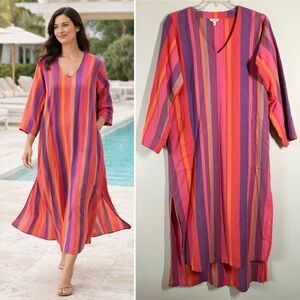 J PETERMAN Cotton Caftan Maxi Dress S Colorful Stripe Long Sleeve Beach Resort